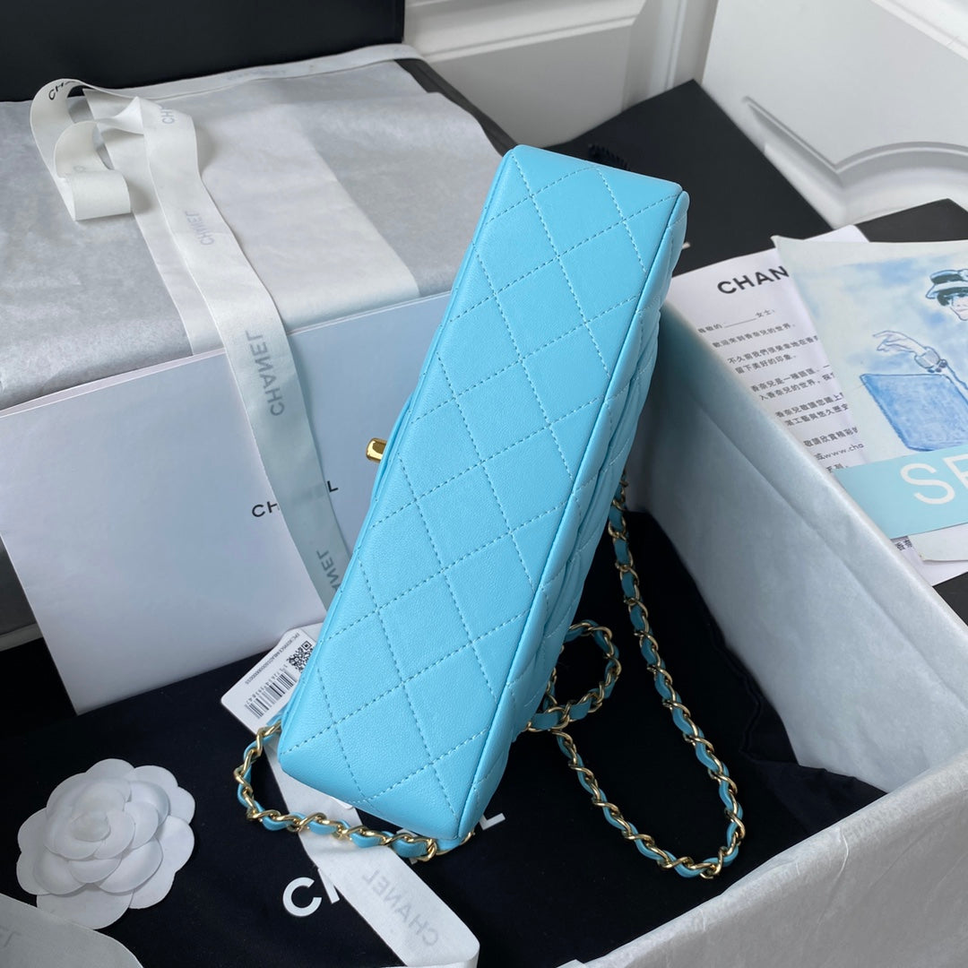 Medium Classic Flap Bag 23cm Blue Sky Lambskin Gold Hardware